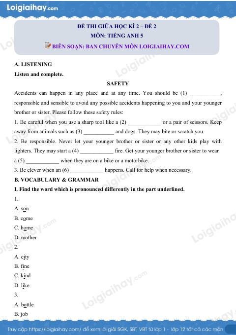 Đề thi giữa kì 2 Tiếng Anh 5 - Đề số 2
